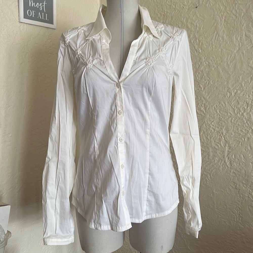 Bailey 44 White Gathered Detail Button Front Shirt Blouse Medium